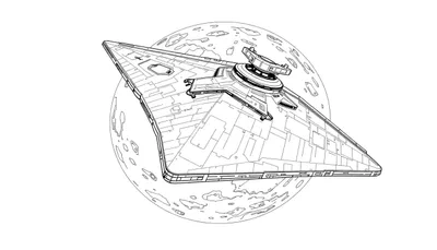 Zwart-witte kleurplaat van een Star Wars ruimteschip dat boven een maan of planeet vliegt.