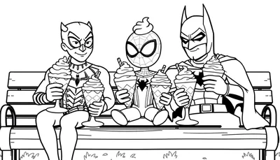 Zwart-wit kleurplaat van Black Panther, Spider-Man en Batman die samen ijs eten op een bank.