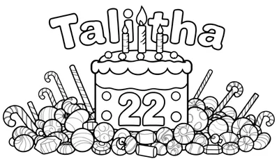Kleurplaat van de naam Talitha met een verjaardagstaart voor 22 jaar, omringd door snoepjes.