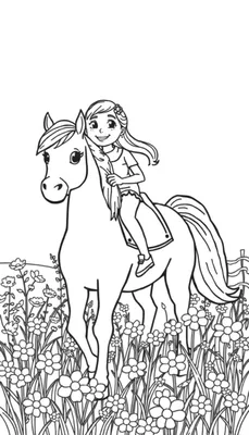 Zwart-wit kleurplaat van een meisje dat op een paard rijdt door een bloemenveld.