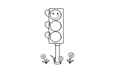 Zwart-witte tekening van een lachend verkeerslicht met bloemen eronder, een kleurplaat.