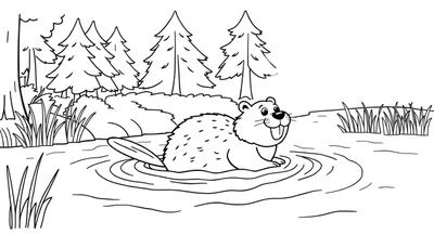 Kleurplaat van een vrolijke bever in het water.