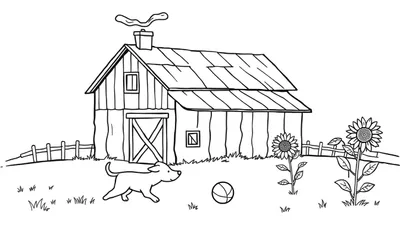 Zwart-wit kleurplaat van een boerderij met een schuur, veld, zonnebloemen en een hond.