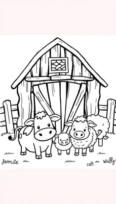 Kleurplaat van een boerderij met een koe, kalf en schaap.