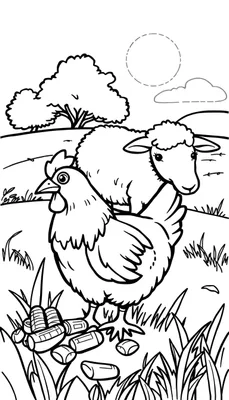 Kleurplaat van een boerderijtafereel met een kip en een schaap.