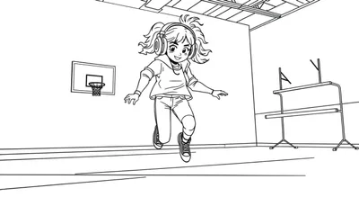 Kleurplaat: meisje met koptelefoon danst in gymzaal.