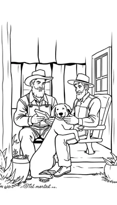 Zwart-wit kleurplaat van twee cowboys op een veranda met een hond.