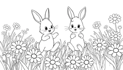Zwart-wit kleurplaat van twee schattige konijntjes in een bloemenveld.
