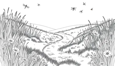 Kleurplaat van een zomerweide met hoog gras, bloemen, een pad en insecten.