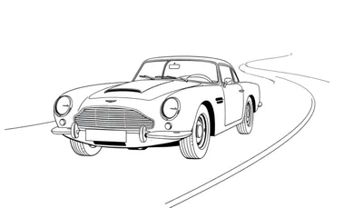 Kleurplaat van een Aston Martin auto in lijntekening.