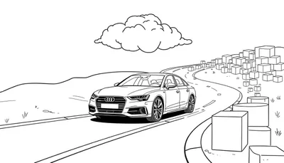 Gestileerde zwart-wit kleurplaat van een Audi A6 op een weg met berglandschap en abstracte stadselementen.