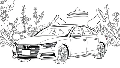 Zwart-wit kleurplaat van een Audi A6 geparkeerd in een bloementuin.