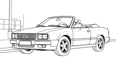 Een kleurplaat van een klassieke Audi cabriolet met een hondje.