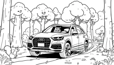 Kleurplaat van een Audi Q7 met een kind, bomen met gezichten, een eekhoorn en donzige dieren.