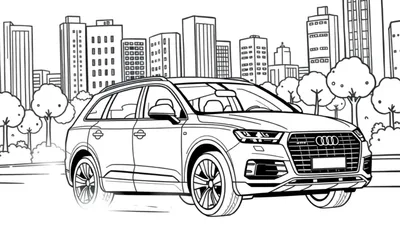 Een kleurplaat van een Audi Q7 in een stad.