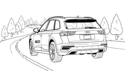 Audi Q7 kleurplaat illustratie op een kronkelende weg met bomen.