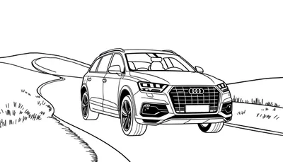 Kleurplaat van een getekende Audi Q7 op een heuvelachtige weg
