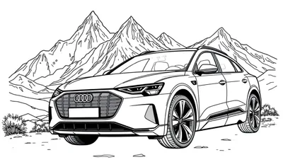 Zwart-wit kleurplaat van een Audi e-tron SUV in de bergen.