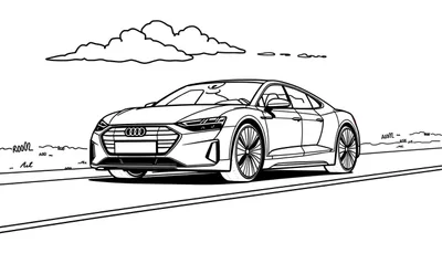 Kleurplaat van een Audi e-tron auto die rijdt op een weg met wolken erboven en schetsmatig landschap aan de zijkanten.