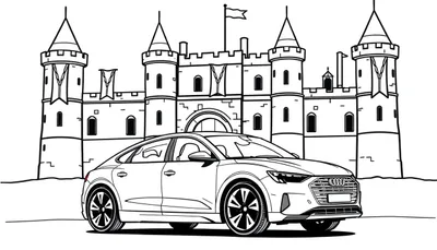 Een zwart-wit kleurplaat van een Audi e-tron die naast een kasteel staat.