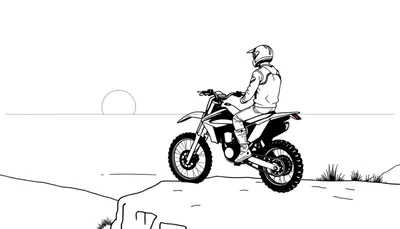 Kleurplaat van een motorrijder op een crossmotor die uitkijkt over de zee.