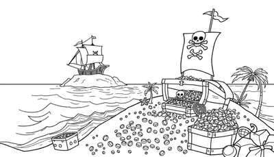 Zwart-wit kleurplaat van een piratenschatkaart op een eiland met een piratenschip in de verte.