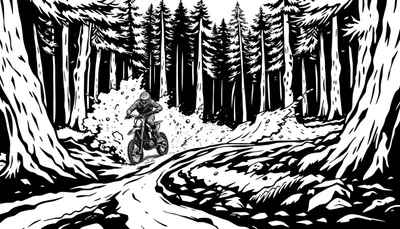 Kleurplaat van een stoere motorcrosser die door een stoffig bospad raast.