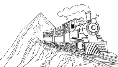 Zwart-witte kleurplaat van een stoomtrein die door een berglandschap rijdt, mensen zwaaien vanuit de wagons.