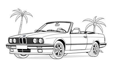 Kleurplaat van een BMW cabriolet op het strand.