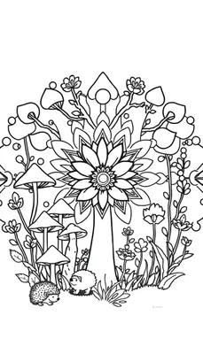 Zwart-wit lijntekening van een bos mandala kleurplaat met egels en paddenstoelen.