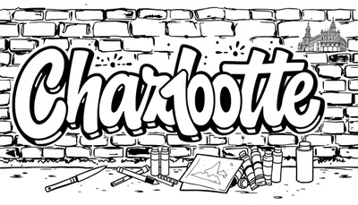Kleurplaat van het woord Charlotte in graffiti stijl op een bakstenen muur met knutselspullen en Parijse architectuur.