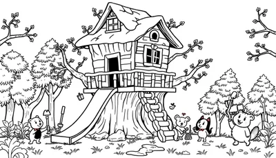 Illustratie van een boomhut als bouwtekening, met een muis met een hark, een beer met een gitaar en een kat met een lint, als kleurplaat.