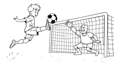 Kleurplaat van een jongen die een penalty neemt en scoort, met een keeper die net te laat is.