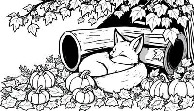Kleurplaat van een slapende vos in de herfst, bij een holle boomstam met pompoenen en herfstbladeren.