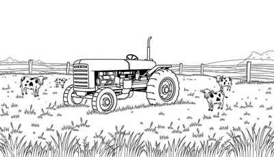 Een zwart-wit kleurplaat van een tractor in een weiland met koeien.
