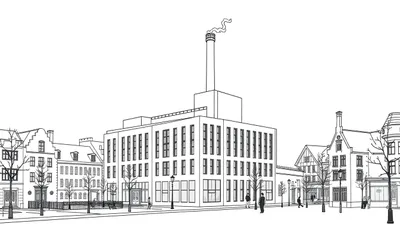 Een zwart-wit kleurplaat van een stadsgezicht met een moderne textielfabriek.