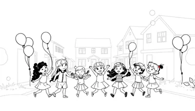 Kleurplaat van vrolijke meisjes die feest vieren in een woonwijk met ballonnen.