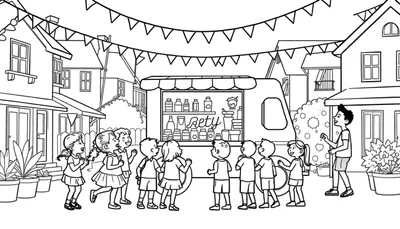 Kleurplaat van een feestelijke straat met kinderen bij een foodtruck.