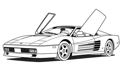 Zwart-wit kleurplaat van een Ferrari Testarossa met open deuren.