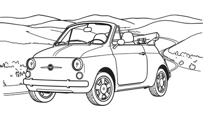 Kleurplaat van een Fiat 500 cabriolet op een bergweg.