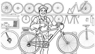 Kleurplaat van een vrolijke fietsenmaker in zijn werkplaats.