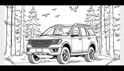 Kleurplaat van een Ford Expedition in een bos