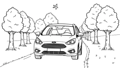 Kleurplaat van een Ford Focus Wagon op een weg met bomen en een vogel.