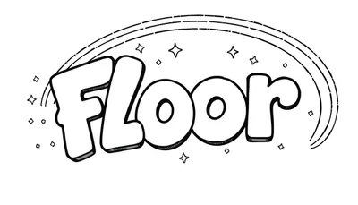 Kleurplaat van het woord Floor in speelse letters met sterretjes en vierkantjes.