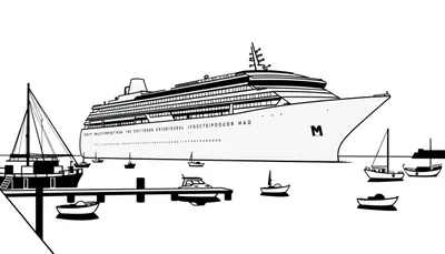 Kleurplaat van een groot cruiseschip met een M erop, omringd door kleinere boten in de haven.