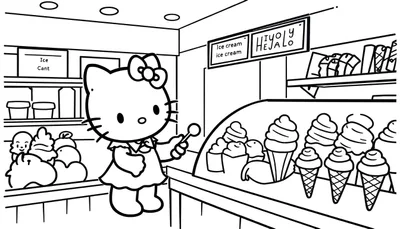 Kleurplaat van Hello Kitty die ijs kiest in een ijssalon.