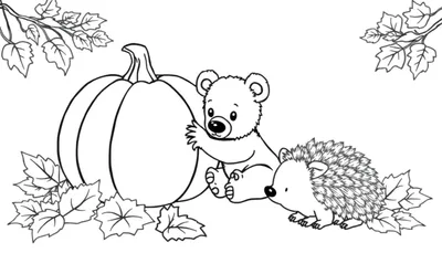 Zwart-witte kleurplaat van een herfstscène met een pompoen, teddybeer en egel.