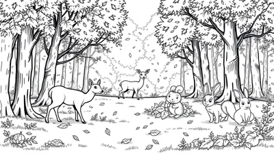 Een kleurplaat van een boslandschap in de herfst met herten en konijnen.