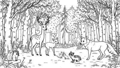 Een kleurplaat van een herfstbos vol dieren met een gezin dat wandelt.