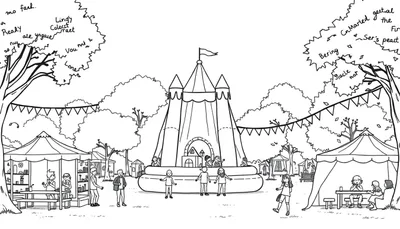Levendig wijkfeest in het park met vlaggetjes, tentjes, gezelligheid en een springkussen in de vorm van een kasteel, perfect voor een kleurplaat.
